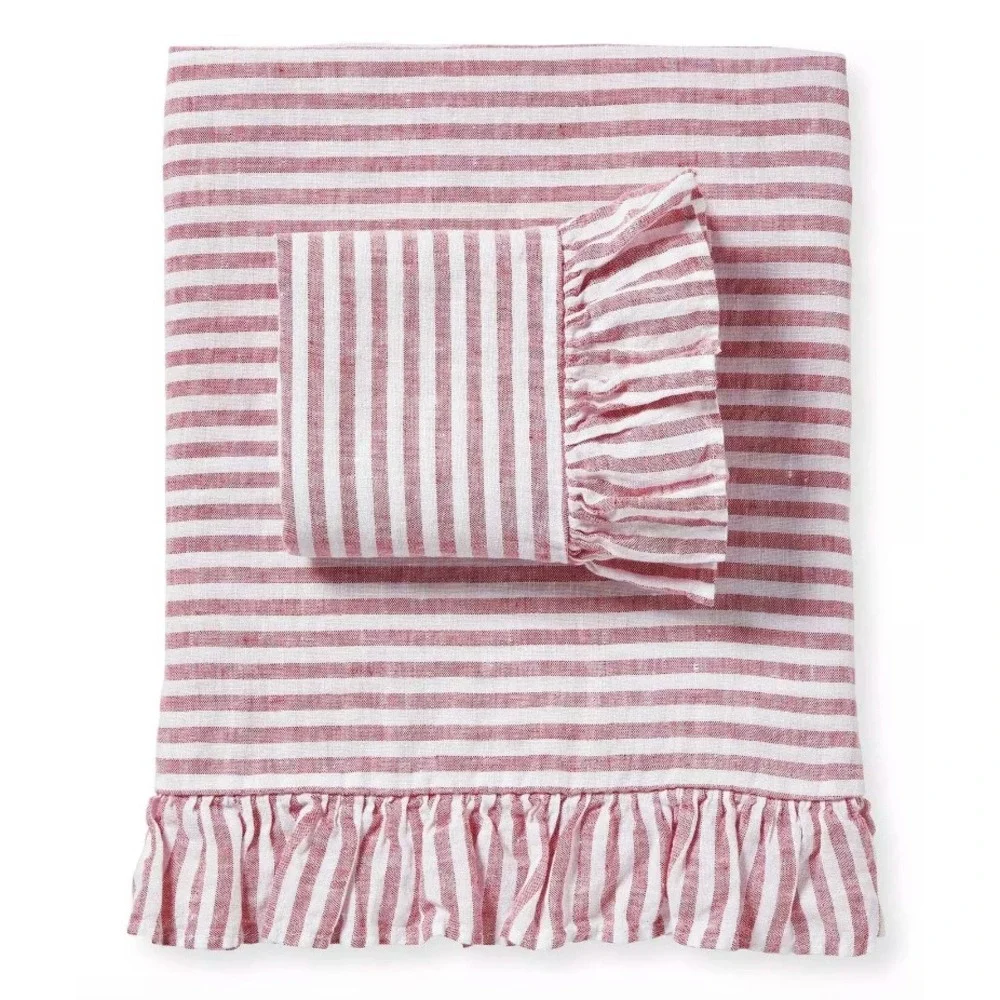 Serena & Lily Nantucket Stripe Linen King Sheet Set Red White Preppy Coastal